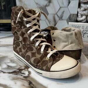 Coach Women’s Bonney Monogram High Top Foldover Sneakers Size 9 Tan Brown Retro